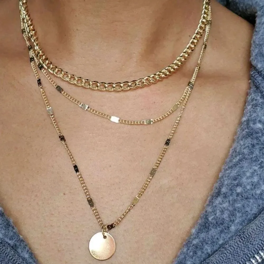 💖 2/$30 Boho disc dainty layered gold tone chain link chunky charm necklace - Picture 6 of 13